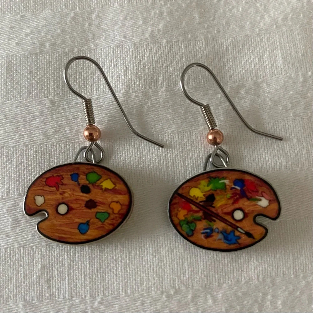 Artist Palette Paint & Brush Drop Earrings  Hand Made Signed Jewelry Art EUC
